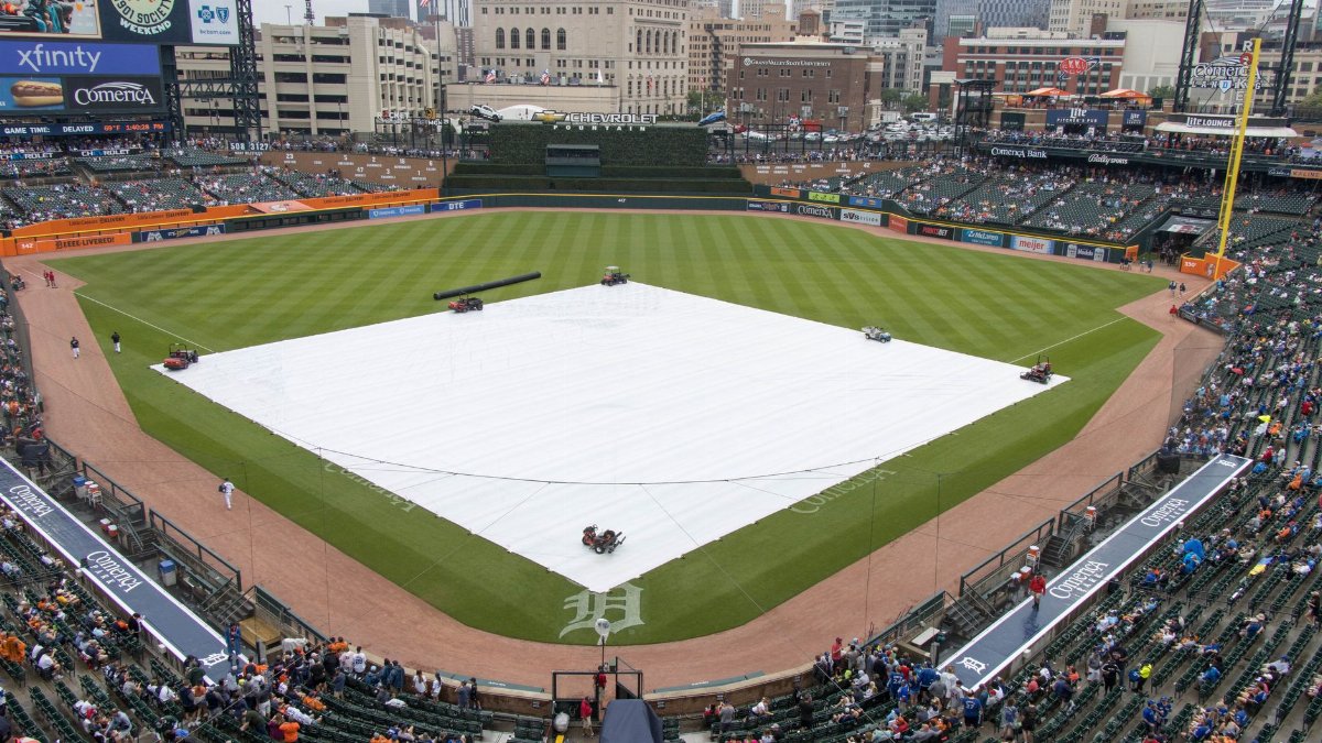 Aerial view of Comerica Park in Detroit with the baseball field covered, surrounded by the city skyline.