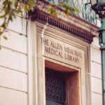 Historic architecture of Allen Memorial Medical Library in Cleveland with classic facade and signage.