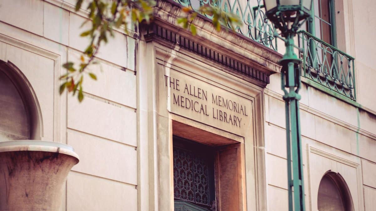 Historic architecture of Allen Memorial Medical Library in Cleveland with classic facade and signage.