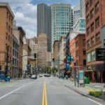 A clear day in downtown San Francisco showcasing urban architecture and empty streets.