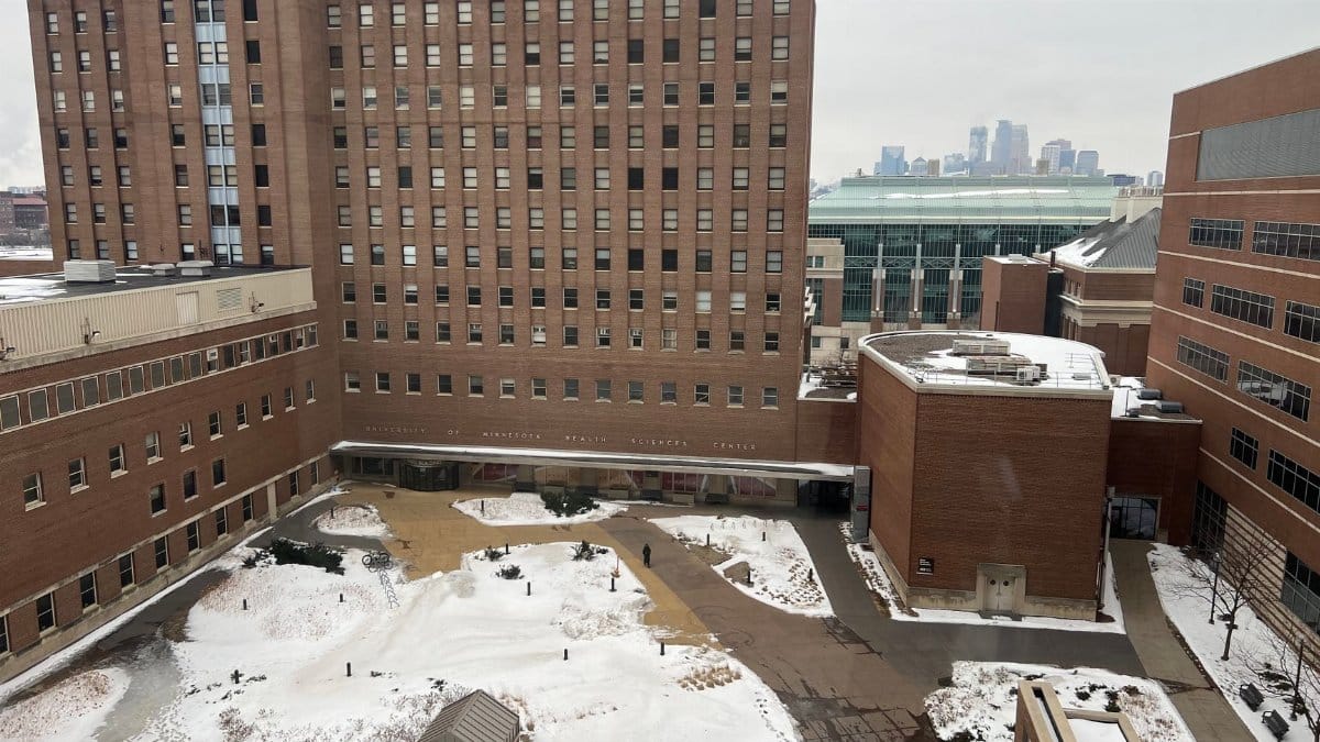 Snow-covered courtyard of University of Minnesota's Health Sciences Center in winter.