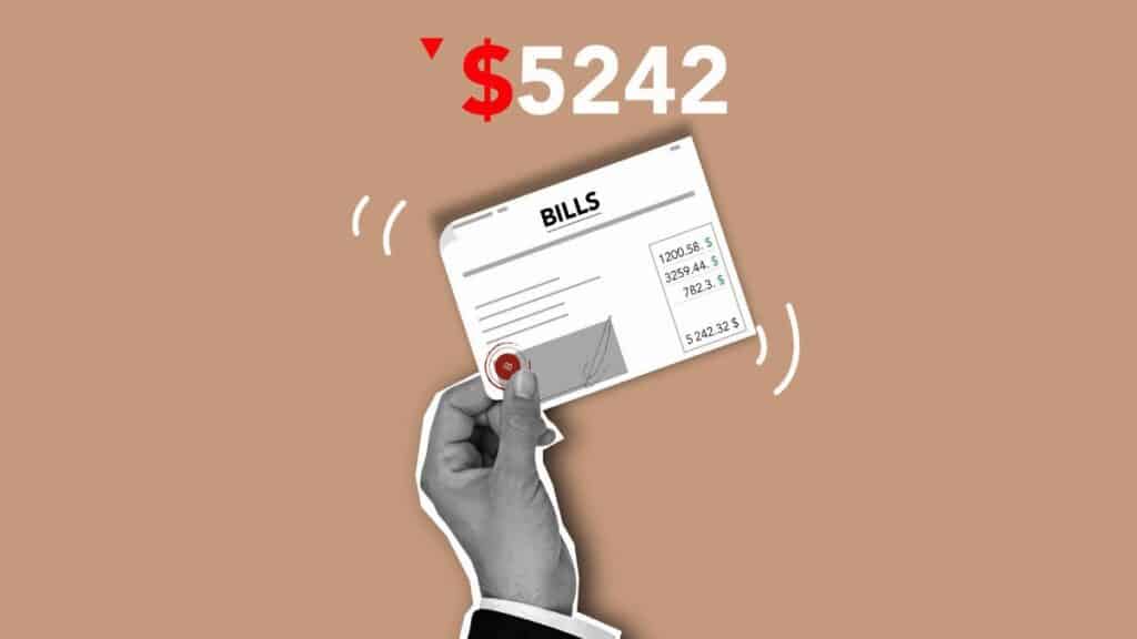 Cutout paper composition with paper document with expensive cost for paying for different services or apartment bill on brown background
