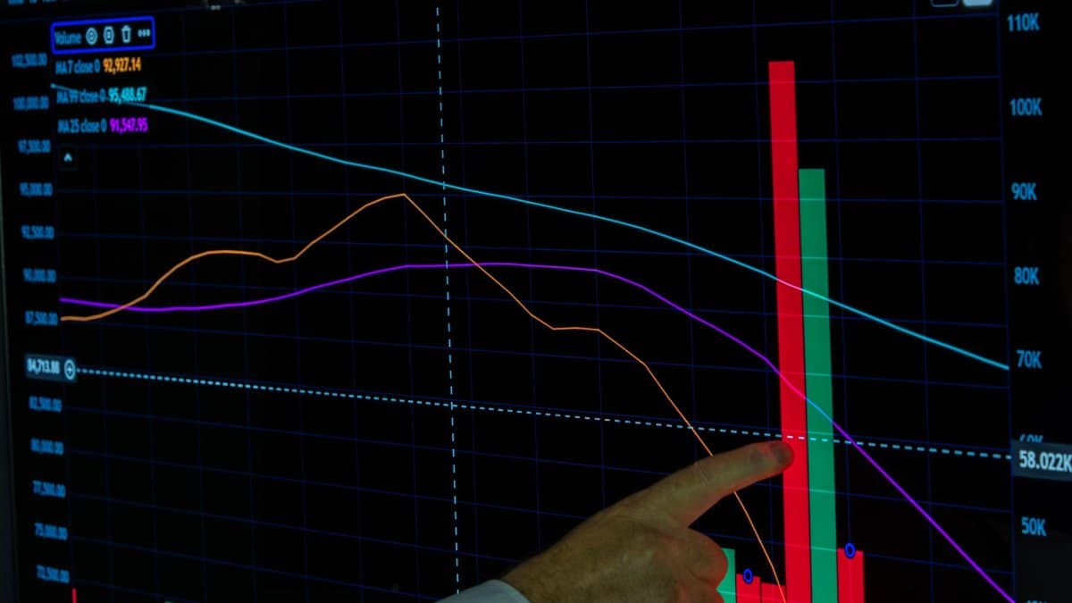 Hand pointing at a financial graph displaying cryptocurrency data analysis and trends.