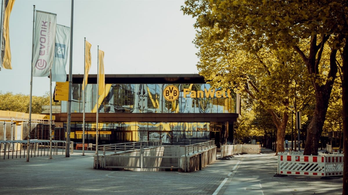 Exterior view of BVB Fanwelt, a local landmark near Dortmund's stadium, Germany.