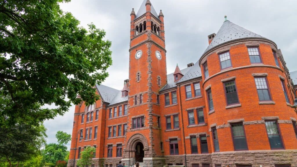 Explore the iconic red brick architecture of a historic college in Gettysburg during the day.