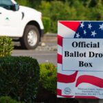 Patriotic ballot drop box in Ferndale, Washington for US elections.