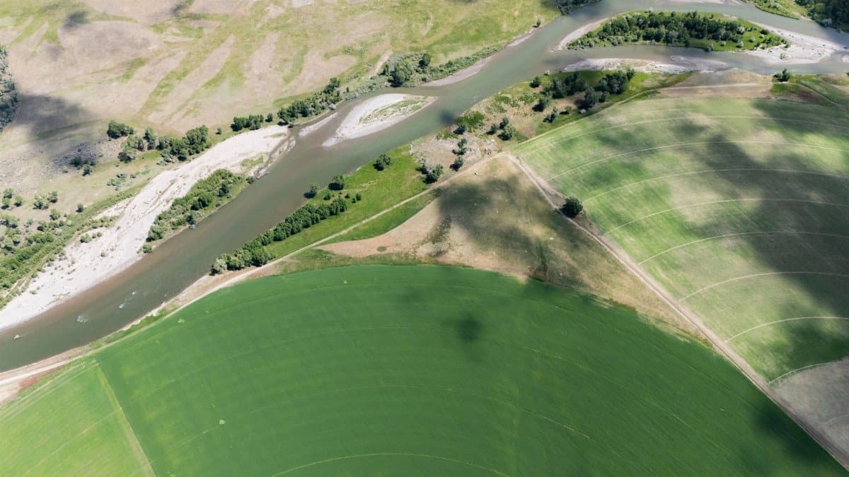 Aerial shot of vibrant circular farmland next to a winding river, showcasing agricultural patterns.