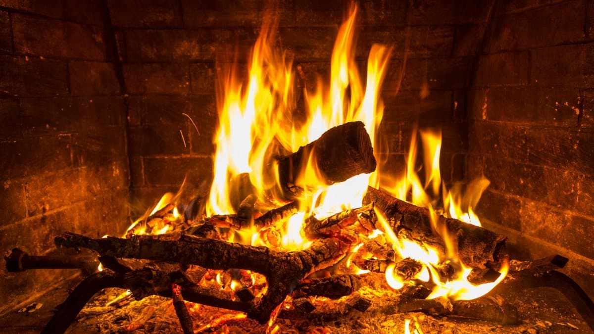 A close-up of a blazing fire in a cozy indoor fireplace in San Antonio, Texas.