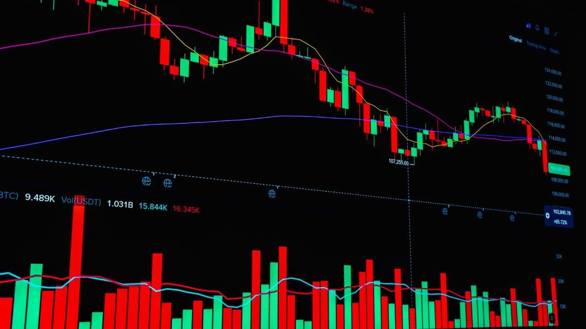 Bright digital chart displaying financial market candlestick patterns and trend lines.