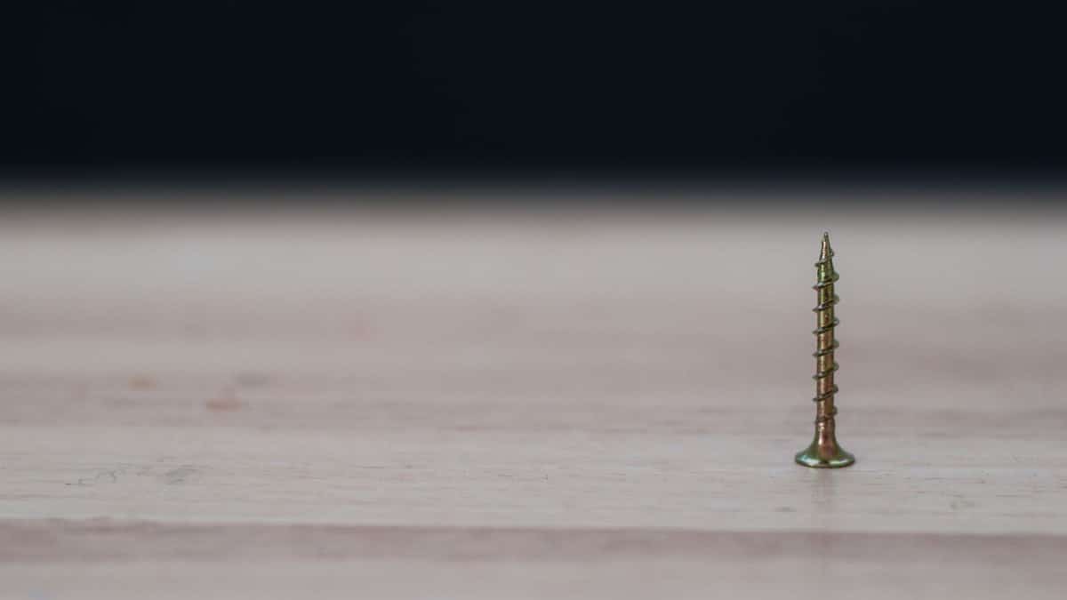 A single brass screw stands upright on a wooden table with blurred background, captured in close-up.