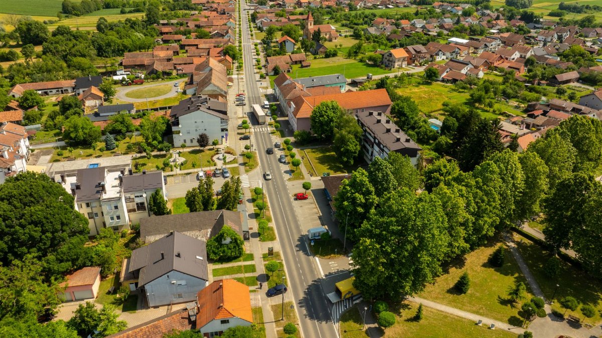Aerial view of the picturesque town of Hercegovac, Croatia, on a sunny day.