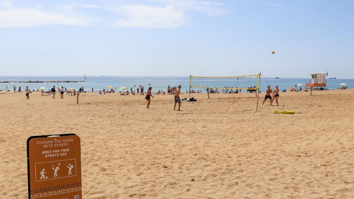 People enjoying beach volleyball under sunny skies by the ocean.
