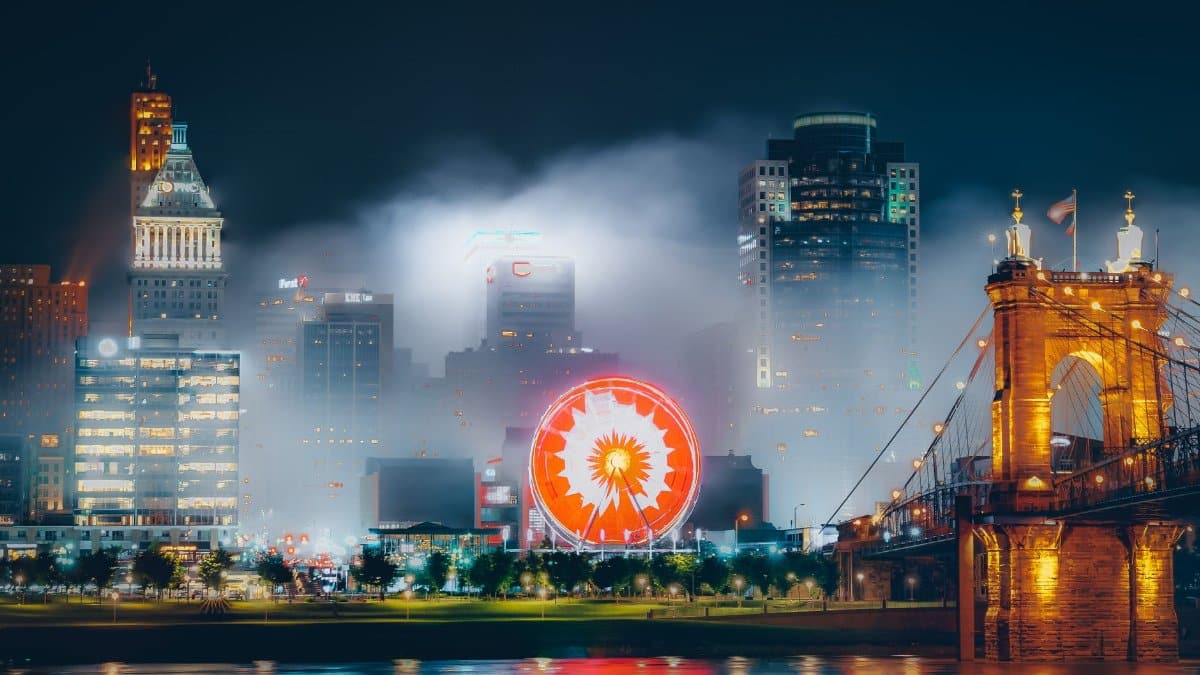 Dramatic view of Cincinnati's skyline at night with illuminated buildings and ferris wheel reflections.