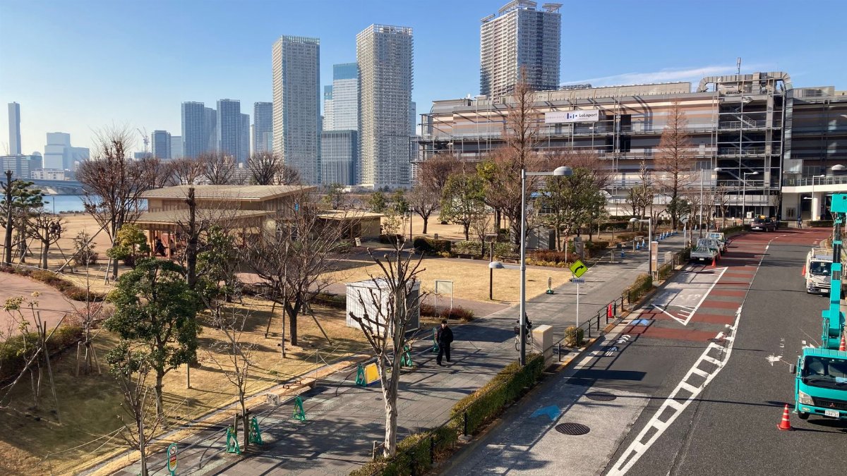 Scenic view of urban park and modern Tokyo skyline, highlighting architecture and greenery.