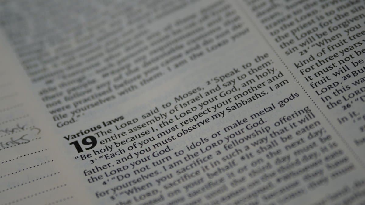 A detailed close-up of text from Leviticus in the Holy Bible, highlighting a passage about various laws.