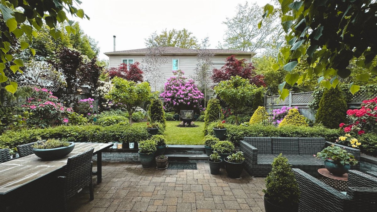 A tranquil backyard garden showcasing vibrant flowers, lush greenery, and patio furniture.
