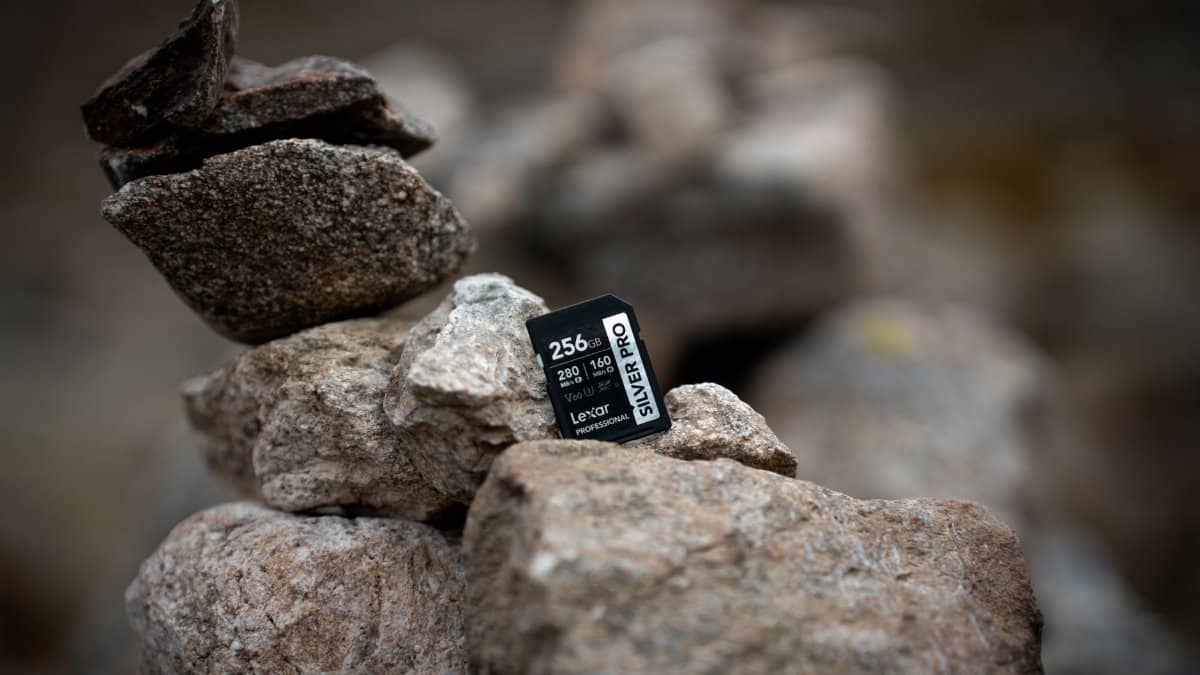 Close-up of an SD card resting on stacked rocks, symbolizing digital storage in nature.