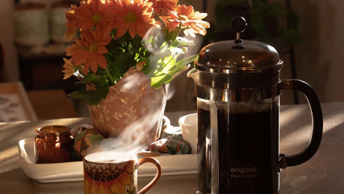 A warm morning scene with coffee, flowers, and a French press on a table.