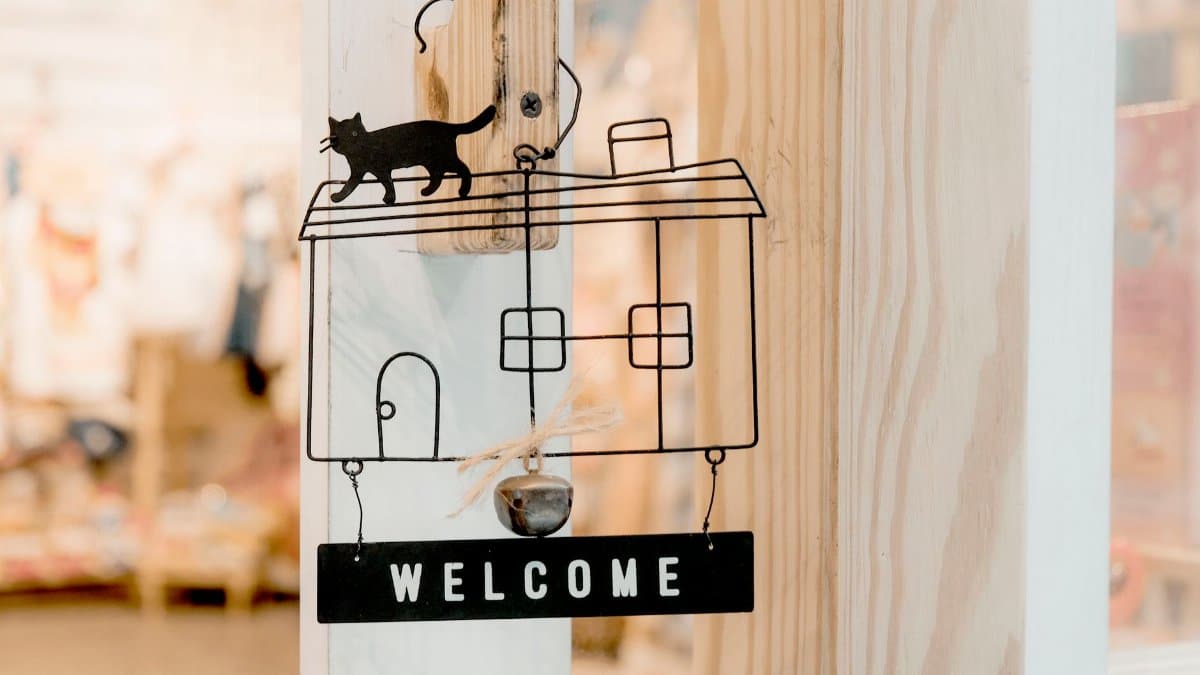 Interior design wooden door decoration featuring a welcome sign with cat silhouette.