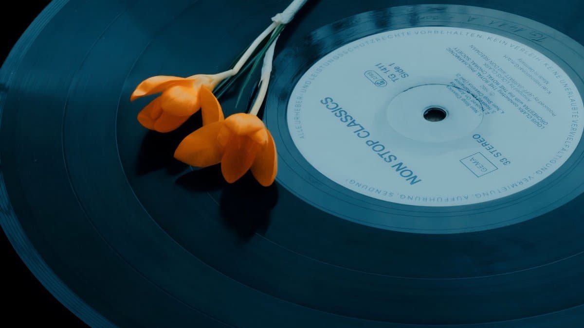 Stylish vinyl record adorned with vibrant orange flowers, creating a vintage and artistic vibe.