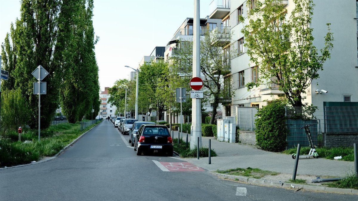 Peaceful urban street with parked cars and lush green trees lining apartment buildings.