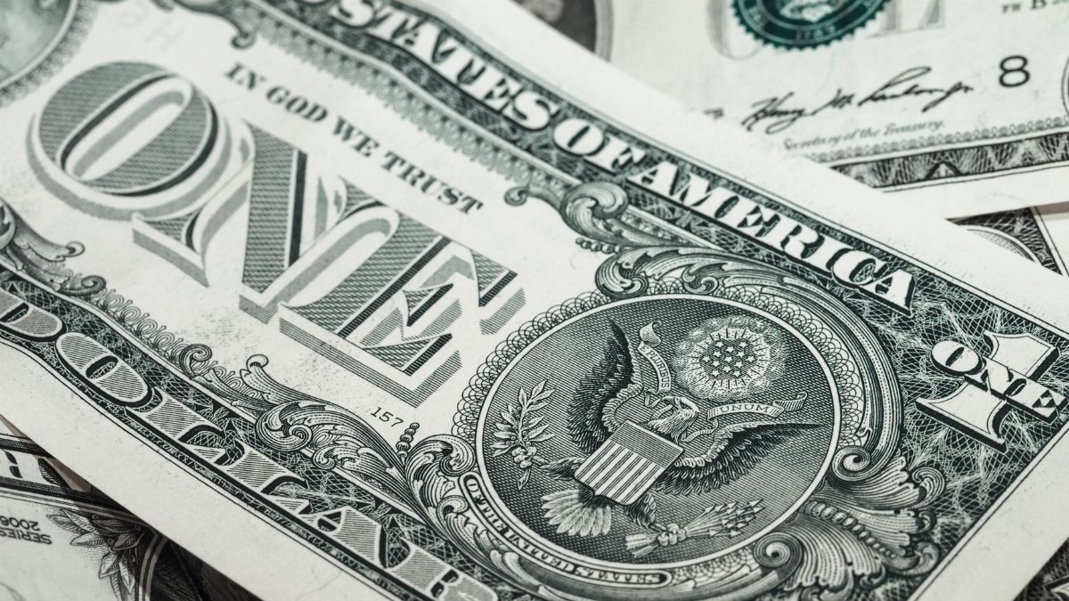 Detailed macro shot of a United States one dollar bill showing various design elements.