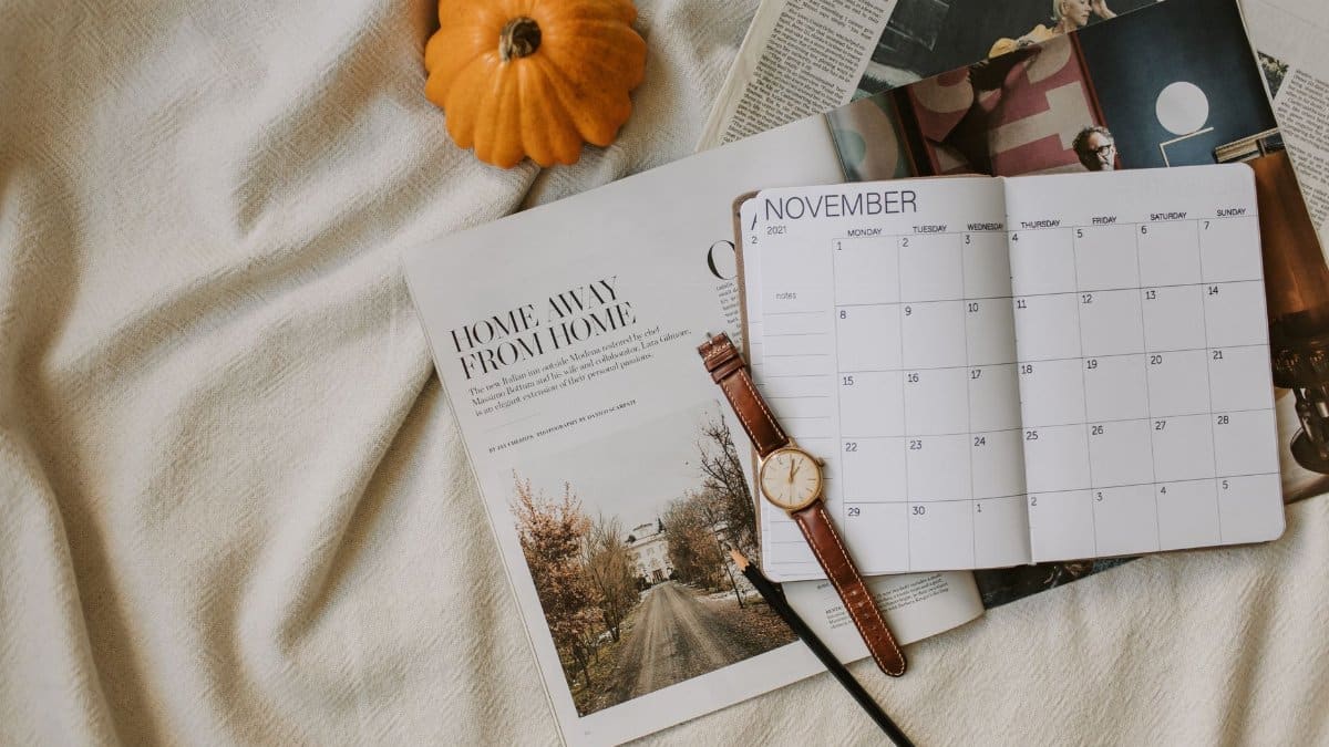 Flat lay of a November calendar, watch, and pumpkin reflecting cozy autumn planning vibes.