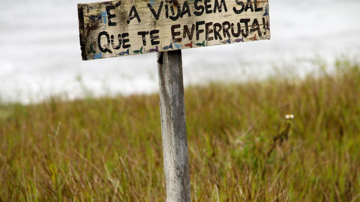 Weathered wooden sign on a beach in Guaratuba, Brazil stating 'É a vida sem sal que te enferruja!'