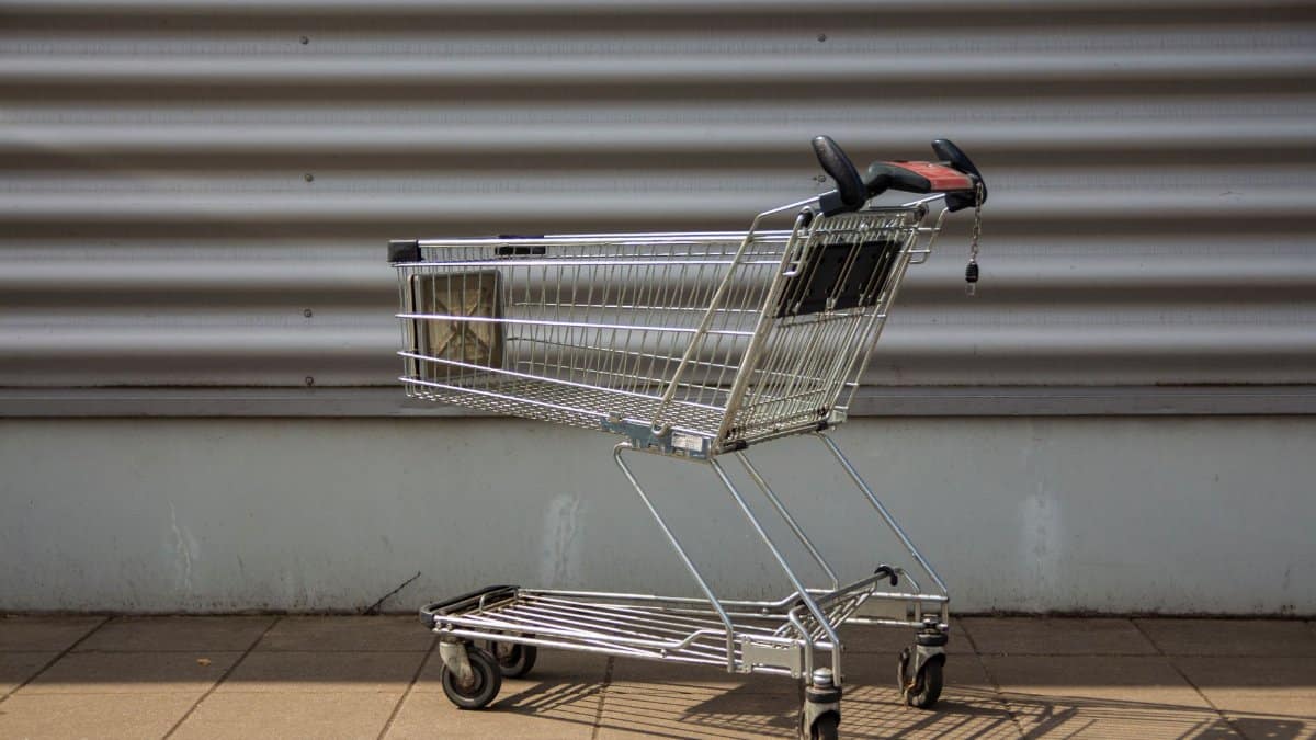A detailed shot of an empty shopping cart against a textured metal wall.