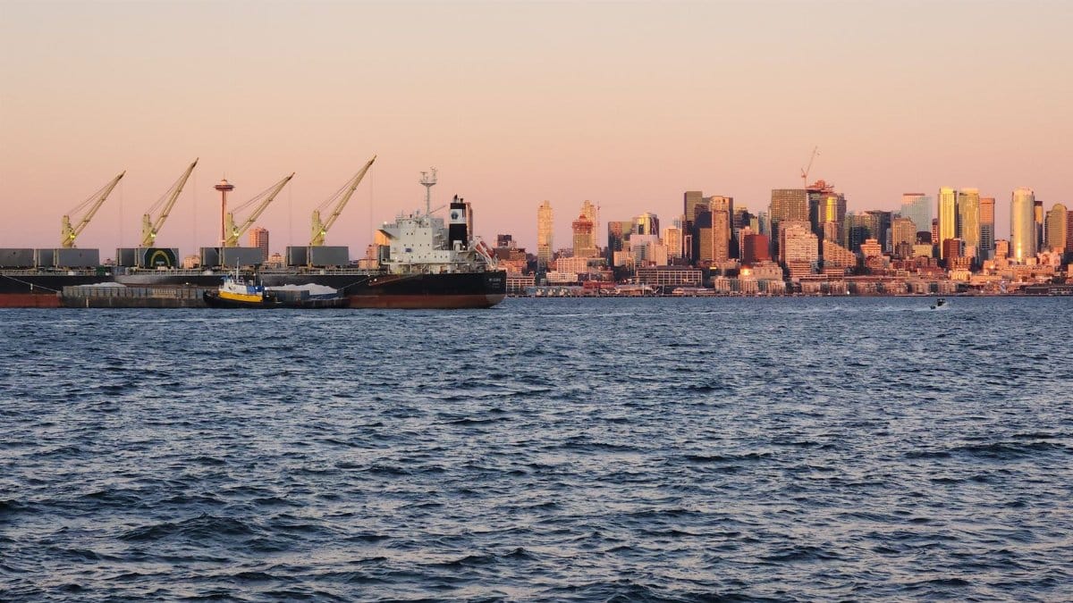 A captivating view of Seattle's skyline and harbor at sunset with ships and cranes.