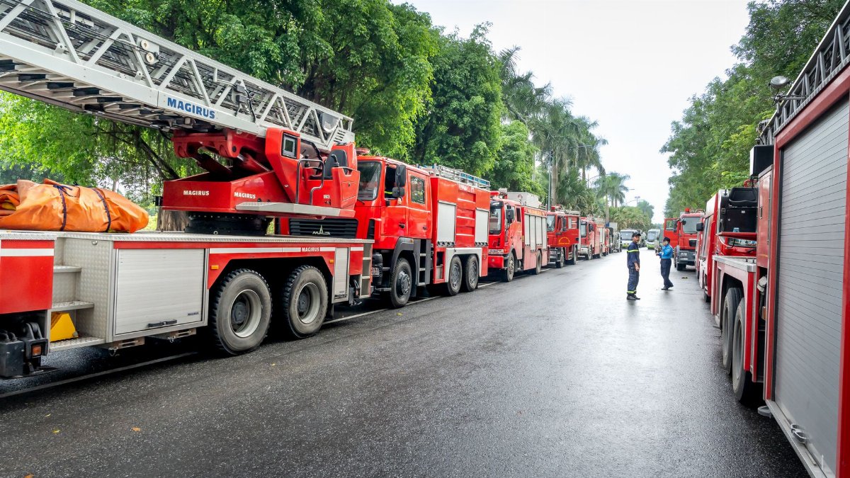 A long line of bright red fire trucks parked on a tree-lined street, indicating emergency preparedness.