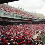 A vibrant crowd in a stadium cheering during an outdoor football game, creating an energetic atmosphere.