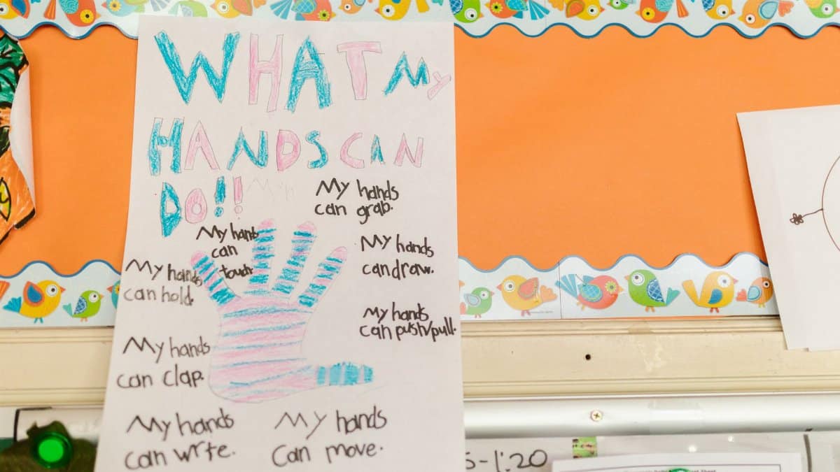 Colorful student-made poster on a classroom bulletin board. Encourages learning and creativity.