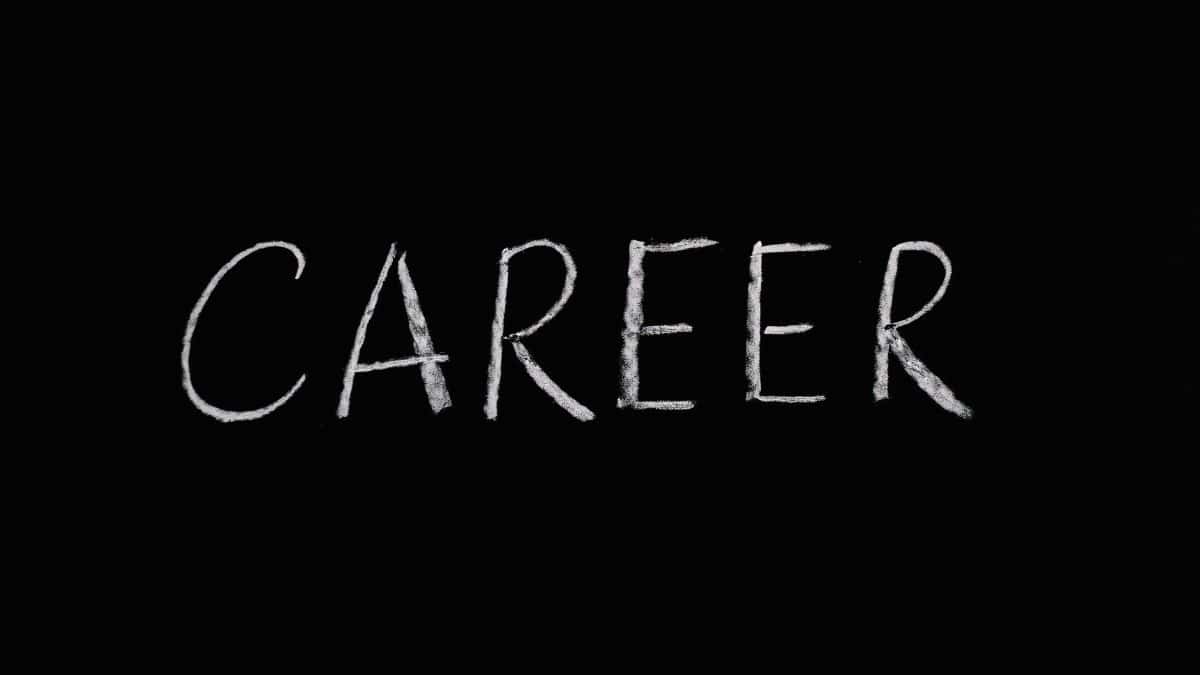 Chalk writing of 'Career' on a blackboard, symbolizing professions and jobs.