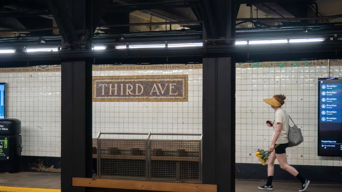 A man walking with flowers at Third Ave subway station, New York City.