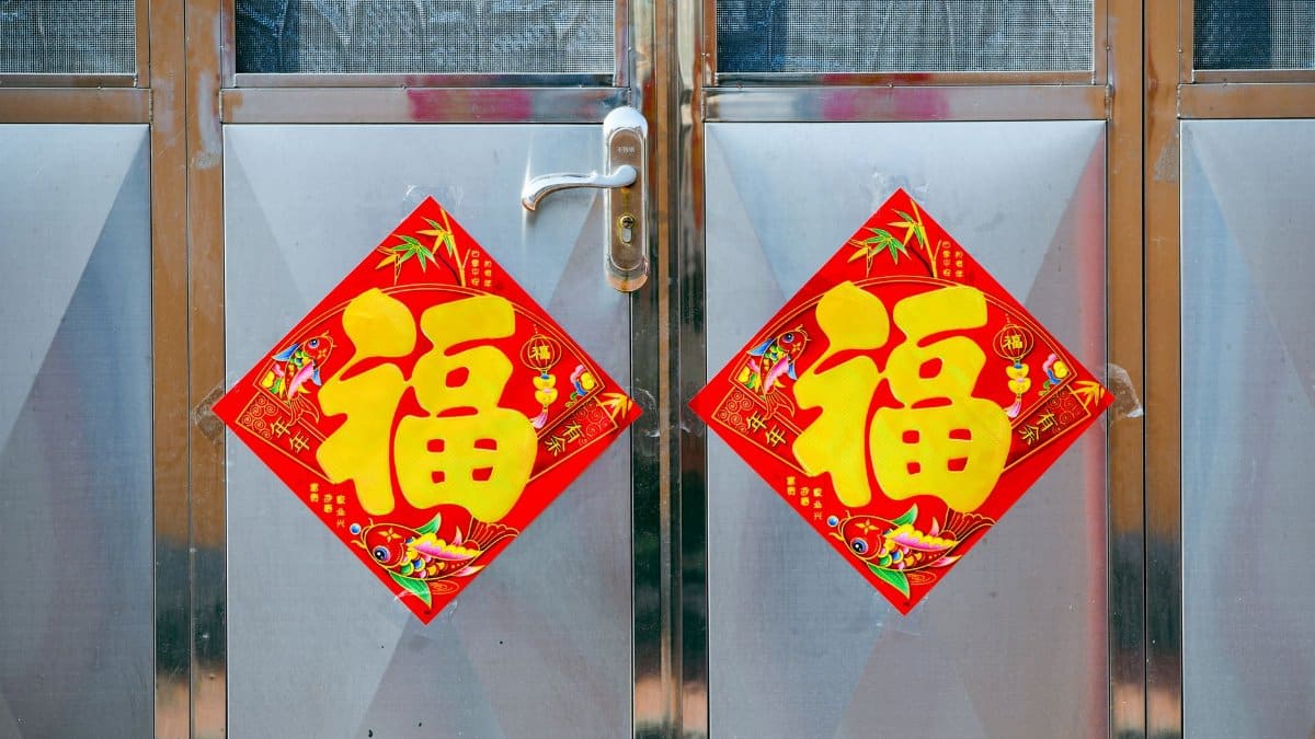 Colorful Chinese New Year door signs symbolizing good fortune and prosperity.