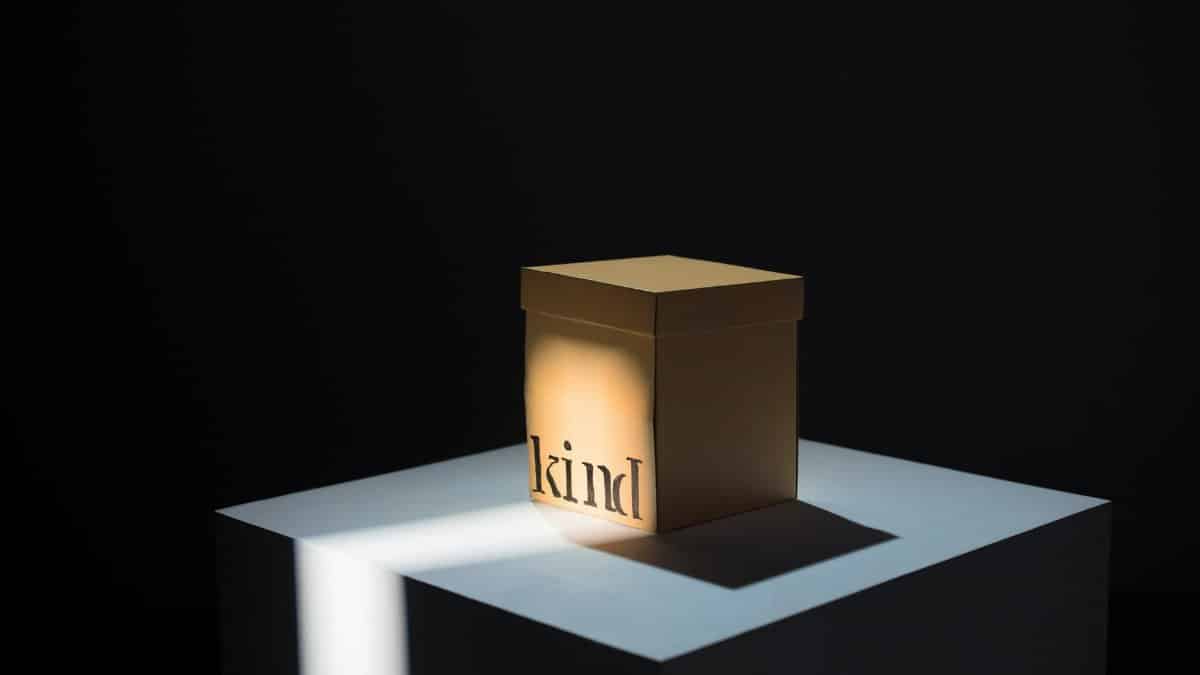 A cardboard box labeled 'kind' under focused light, set against a dark backdrop.
