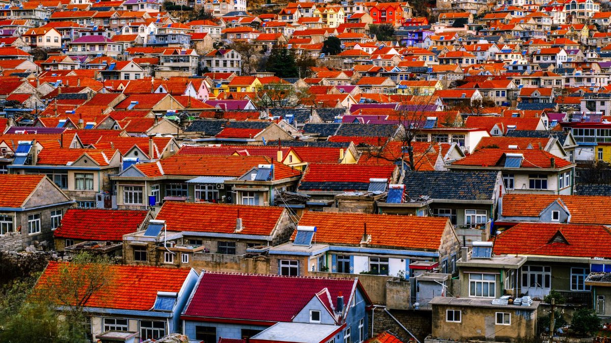 Colorful aerial view showcasing a hillside full of red rooftops in a residential neighborhood.