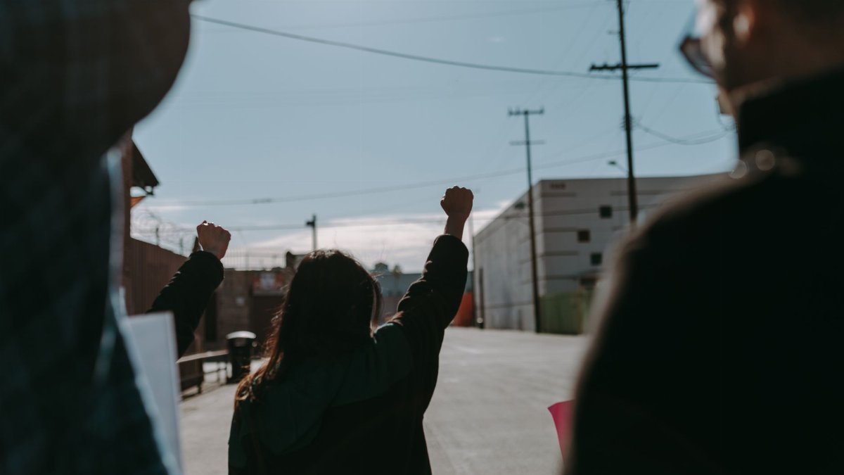 Silhouette of people protesting with raised fists in an urban street setting.