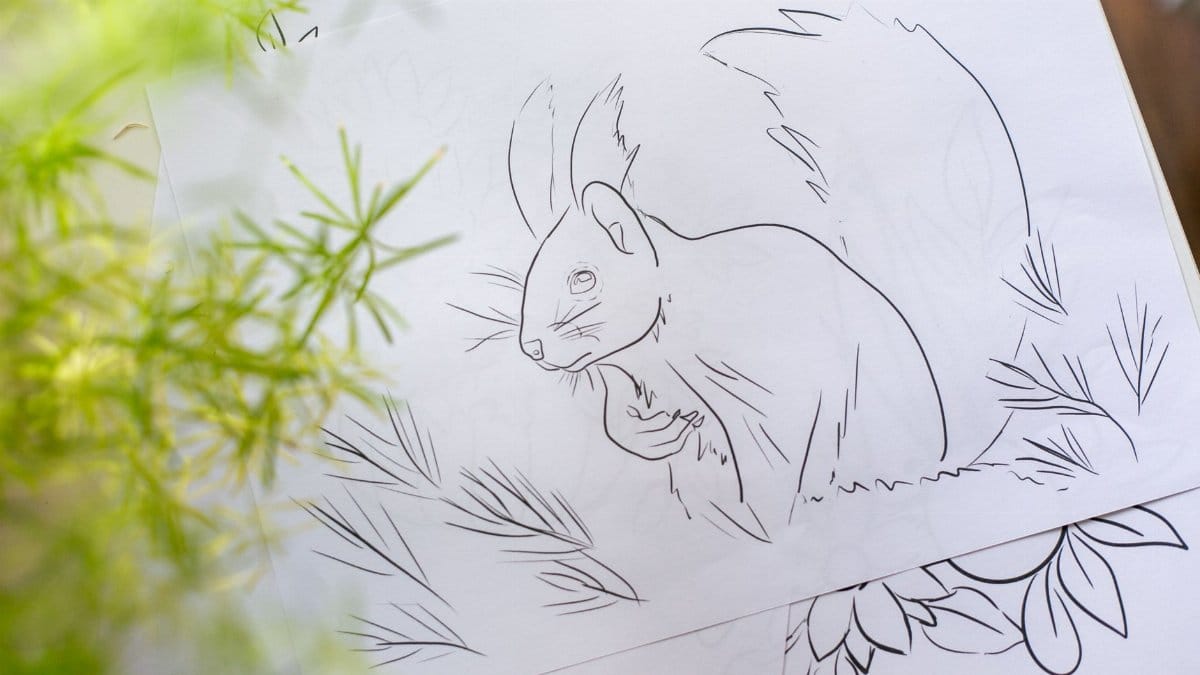Artistic line drawing of a squirrel surrounded by foliage, perfect for coloring projects.
