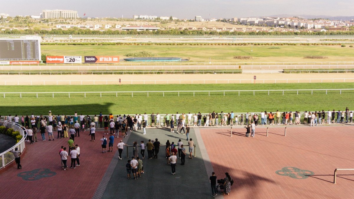 A crowd gathers at the racetrack on a sunny day, watching the horse races unfold.