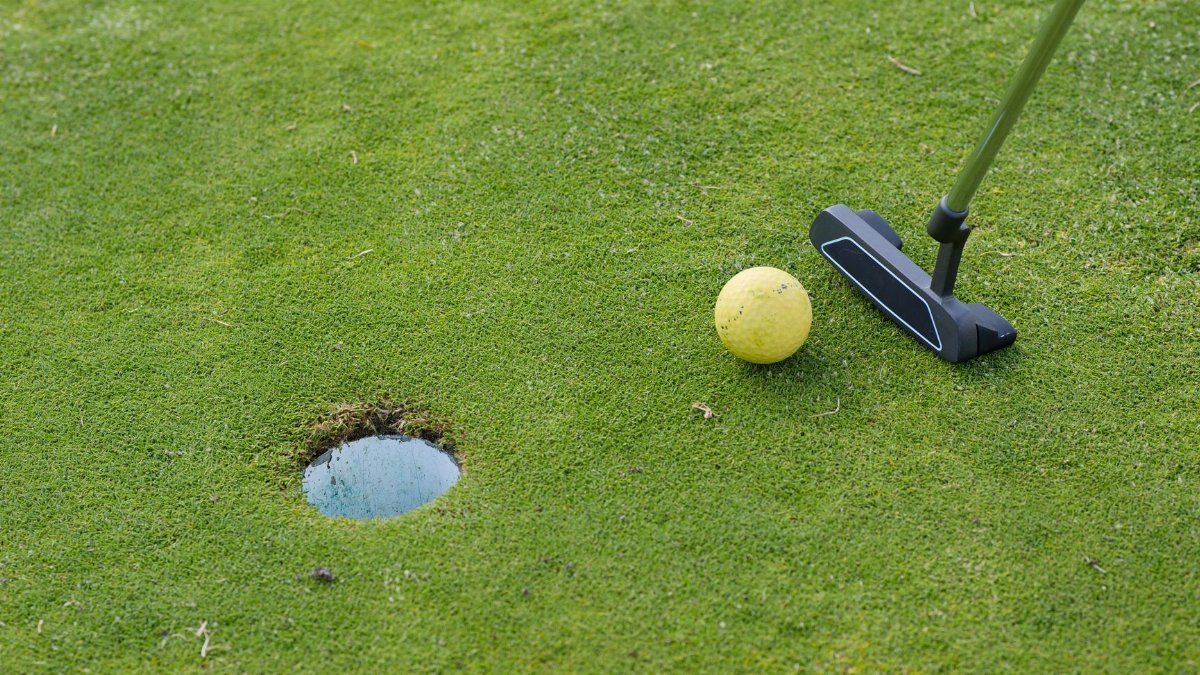A golf ball and putter near a hole on a lush green golf course, ready for a putt.
