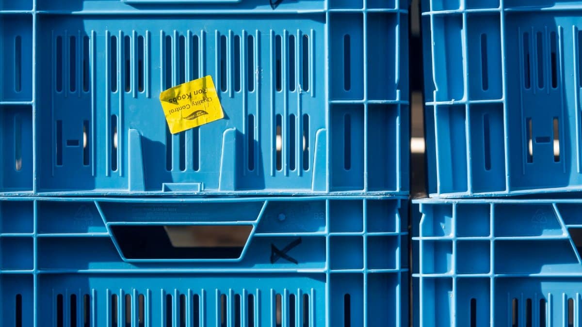 Close-up of stacked blue plastic crates with a quality control label.