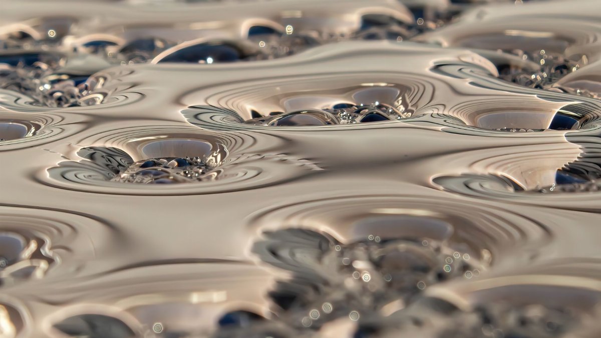 Artistic macro shot of raindrops creating intricate patterns on a reflective surface.