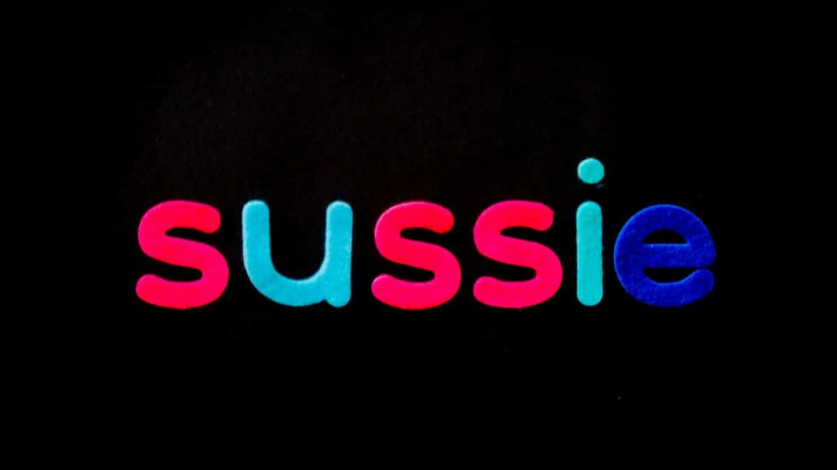 Close-up of vibrant alphabet letters spelling 'sussie' on black backdrop.