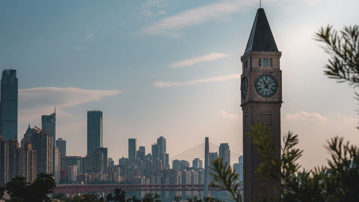 Dramatic city skyline featuring a prominent clock tower at sunset, visible through trees.