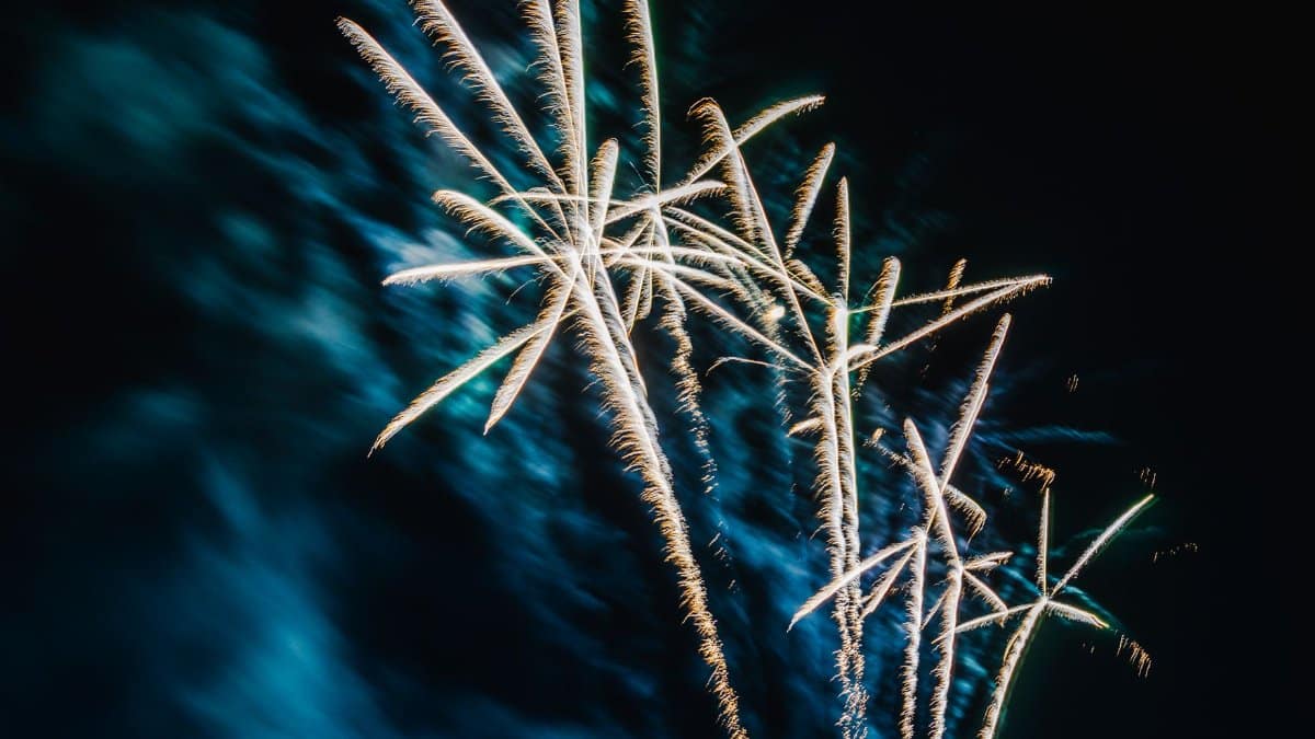 Bright fireworks exploding against a dark night sky, creating a stunning visual spectacle.