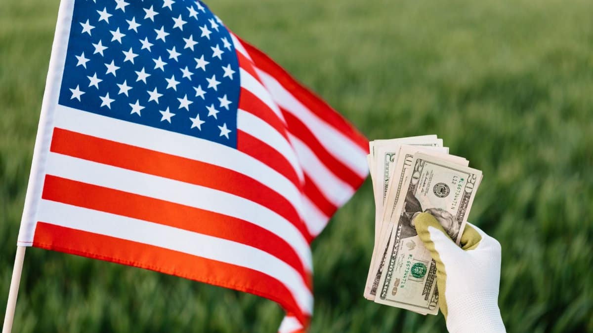 Crop anonymous person in glove with heap of paper money near national flag of United States of America on grass field in daylight