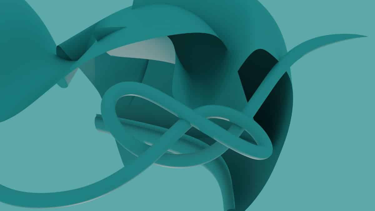 Abstract 3D rendering featuring fluid teal shapes on a matching background.