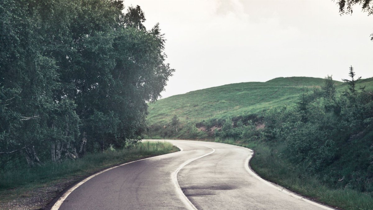 A peaceful winding road through lush green countryside in Omegna, Italy.